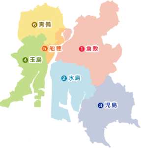 倉敷市の地図（1.倉敷、2.水島、3.児島、4.玉島、5.船穂、6.真備